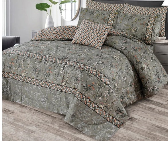 Olive Green Floral Chevron Comforter Set
