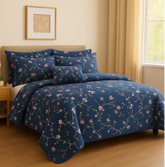 Navy Blue Cherry Blossom Quilt Set