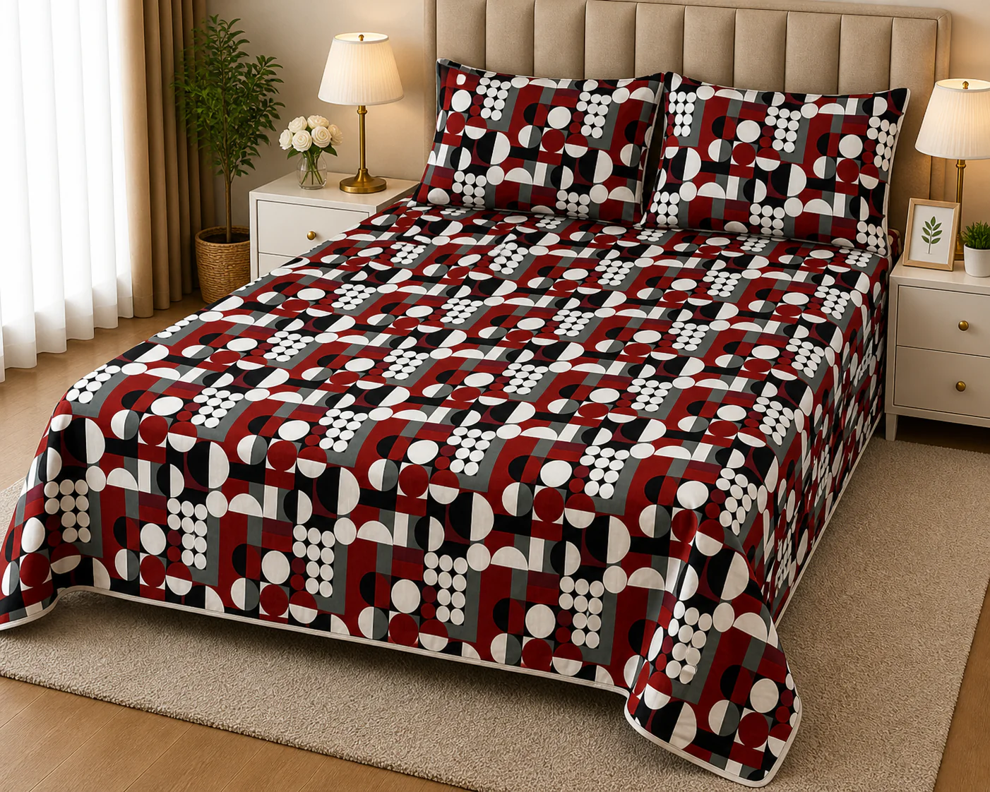 Red Black White Geometric Circle Bed Sheet Set