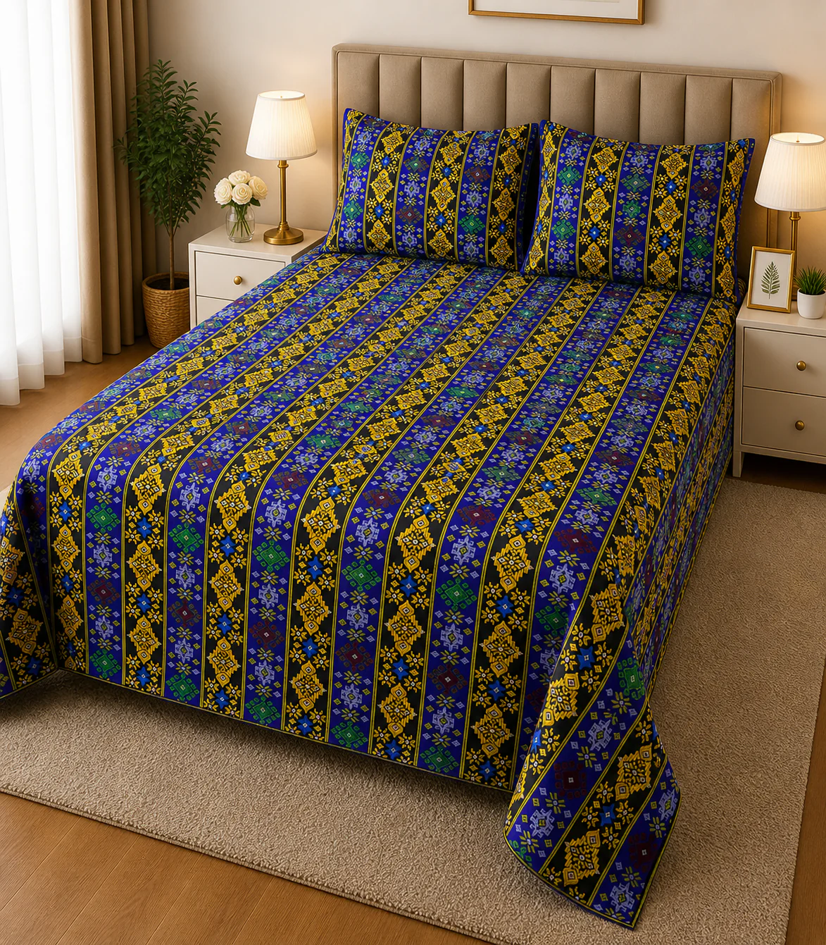 Royal Blue & Gold Geometric Stripe Bed Sheet Set