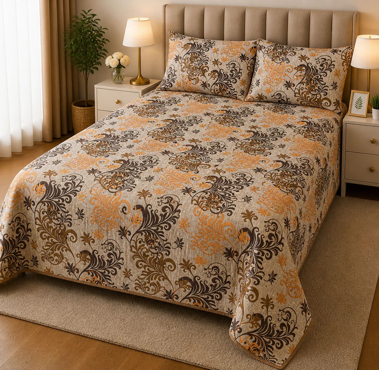 Golden Brown Baroque Bed Sheet Set